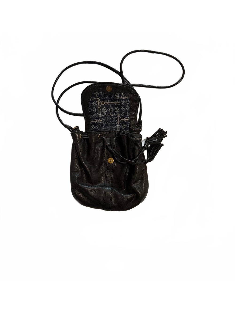 Lucky Brand Black Leather Drawstring Crossbody Bag Tassel Charm - Picture 3 of 9